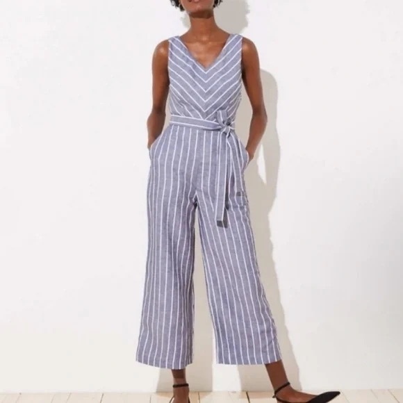 LOFT Pants - LOFT Charcoal and White Striped Sleeve V Jumpsuit